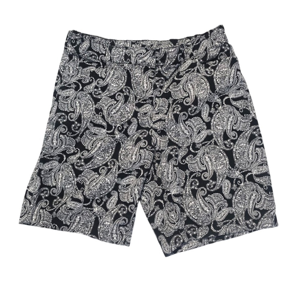 Basic Editions Womens Black Paisley Chino Shorts M Stretch Bermuda Travel Preppy